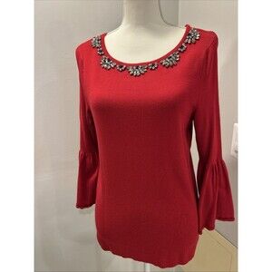 Charter Club Medium Embellished Jeweled Sweater Red Amore Bell Sleeve